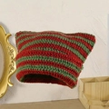Detail of red and green striped crochet knit beanie featuring playful cat ear designs - Red Green Stripes