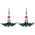 Detail of gothic bat earrings with black wings and vibrant red crystal faceted beads - Shiny Black Red Bead Bat Style (A-160) / Bright Black