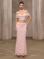 Pink lace two-piece set featuring off-shoulder top and mermaid maxi skirt for formal events - S / Pink