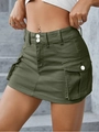 Close-up of olive green cargo mini skirt featuring white double buttons and side flap pockets - S / Green