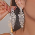 Boucles d'oreilles pendantes à longs gland argentés avec strass portées par un mannequin - Frange Couronne de Fleurs Argentée