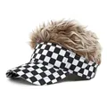 Checkerboard visor hat with blonde wig spikes for golf parties and outdoor fun - Adjustable / Light Coffee