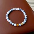 Handcrafted beaded bracelet with blue-white gradient stones and gold metal charm - 39# Blue Lantern