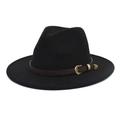 Classic black wool fedora hat with brown leather belt and vintage gold buckle on white back - M (56-58cm) / Black