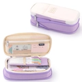 Expandable canvas pencil case in lavender purple with multi-layer storage compartments - 197 Purple/Beige
