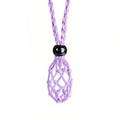 Detailed view of handmade purple woven net pouch pendant with black bead for crystals - Necklace / Purple