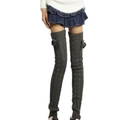 Detail of grey cable-knit leg warmers with fuzzy pom-poms and thick knit texture - One Size / Dark Gray