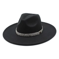 Close-up of black cashmere fedora hat with silver rhinestone band and metal M button - M (56-58cm) / Black