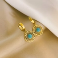 Elegant gold stainless steel earrings with hollow pattern and turquoise stones on silk - Gold Sunburst Turquoise Style (#0518)