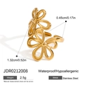 Detail view of gold floral open ring in stainless steel with hollow flower and leaf design - Hollow Double Flower Design (JDR0212008)