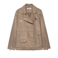 Klassische braune Bikerjacke aus Wildlederimitat mit Revers und Metallzippern - XS / Khaki