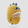 Detail of kids yellow dinosaur winter hat with warm fleece lining and integrated mask - Yellow Khaki