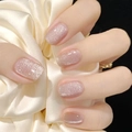 Elegant nude pink press on nails with silver glitter finish on beige silk fabric - Nude Pink Silver Shimmer Style (XL-60-18)