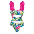 Eendelig badpak met orchidee-schouderbandjes en tropische ruitprint met uitsnijdingen - S / Losse Monokini met Cut-out
