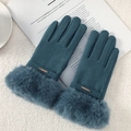 Teal winter warm gloves for women with faux fur cuffs and fashion metal hardware - Gold Label De-Velvet / Lake Blue