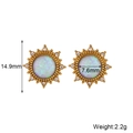 Gold-plated sunflower opal stud earrings with crystal halo and size measurements - Round Sunstone Earrings - Silver Blue
