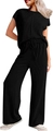 Detailed view of the black ribbed fabric texture and high waist drawstring on these pants - Black