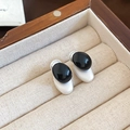 Close-up of geometric oval stud earrings with black gloss and pearlescent contrast finish - Mother-of-Pearl Texture Two-Tone Studs (69#)