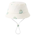 Detailed view of baby sun hat with blue bird prints and adjustable white chin strap - 48-51cm (1-4 Years) / Dinosaur Head
