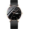 Quarzuhr mit schwarzem Zifferblatt, roségoldenem Gehäuse und schwarzem Netzarmband - Schwarzes Mesh-Armband Roségold Gehäuse