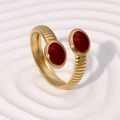 Retro gold-plated stainless steel open ring with dual dark red enamel oval inlays - Burgundy