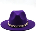 Classic dark purple wool fedora with a wide brim and decorative gold chain accent - Purple