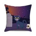 Halloween decorative square pillow cover featuring a black cat, tombstone, and castle design - Gravestone Black Cat
