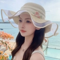 Beige wide brim straw sun hat with pink flower embroidery and white lace wavy edge - Wave Rose Beige
