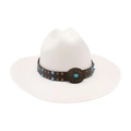 British style white wool felt jazz hat with turquoise leather band and vintage metal buckle - One Size (Wide Brim) / White Bound Edge (Treasure Flower Leather Belt)