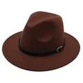 Classic dark brown wide brim fedora felt hat with black buckle belt on white background - M (56-58cm) / Coffee (Black Leather Band)
