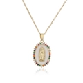 Virgin Mary oval pendant necklace with 18K gold plating and colorful zircon gemstones - Gold Virgin Mary Colorful Zirconia