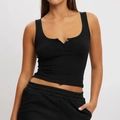 Slim fit black ribbed tank top with U-neck and three buttons detail for casual wear - S / Black