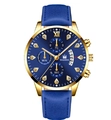 Men's business quartz watch with golden case, blue sunray dial and blue leather strap - Blue Strap Gold Case Gold Hands