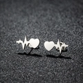 Polished silver heartbeat and heart stud earrings in minimalist stainless steel design - 114 Heartbeat / Steel
