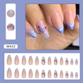 Long almond press-on nails with purple butterfly art and silver glitter gradient - Purple Butterfly (W432)