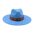 Sky blue wide brim fedora hat with vintage bull skull leather band and metal buckle - Blue