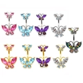 Sparkling double butterfly belly rings in silver and gold metal with multi-color crystals - 9-Piece Set
