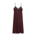 Abito bordeaux scuro senza maniche con pizzo nero e spacco laterale alla moda - XS / Rosso Scuro