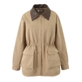 Khaki utility windbreaker jacket with dark brown leather-style collar and waist drawstring - S / Khaki