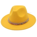 Detailed view of yellow wool felt fedora featuring ethnic beaded band and rhinestones - M(56-58cm) / Yellow