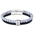 Detail of men's leather and map stone bracelet with engraved steel magnetic clasp - Howlite