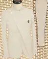 Modern light beige men's stand collar suit set with asymmetric gold buttons on mannequin - XXS / Beige
