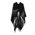 Elegant black and grey checkered cashmere-style poncho wrap with stylish fringe details - Tassel Black