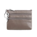 Brown genuine leather small coin purse with three zipper compartments and key ring - Mauve