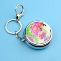 Portable metal pill box keychain with colorful peony and butterfly floral patterns - Peony Pattern (Round Pill Box + Keychain) + Lobster Clasp