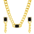 Goldenes Gliederketten-Schmuckset mit schwarzen rechteckigen Steinen und Kristallen - 01 KC Gold