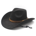 Classic black suede cowboy hat with brown leather band and adjustable windproof rope - M (56-58cm) / Black