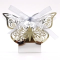 Macro shot of silver laser-cut butterfly favor box with elegant satin ribbon detail - Mirror Silver