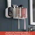 Dual toothbrush holder and toothpaste dispenser set with two cups in black and white - 2-Cup Set + Black Dispenser