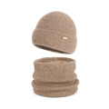Winter thermal knit beanie and neck warmer set in khaki with soft fleece lining - Two-Piece Set / Khaki